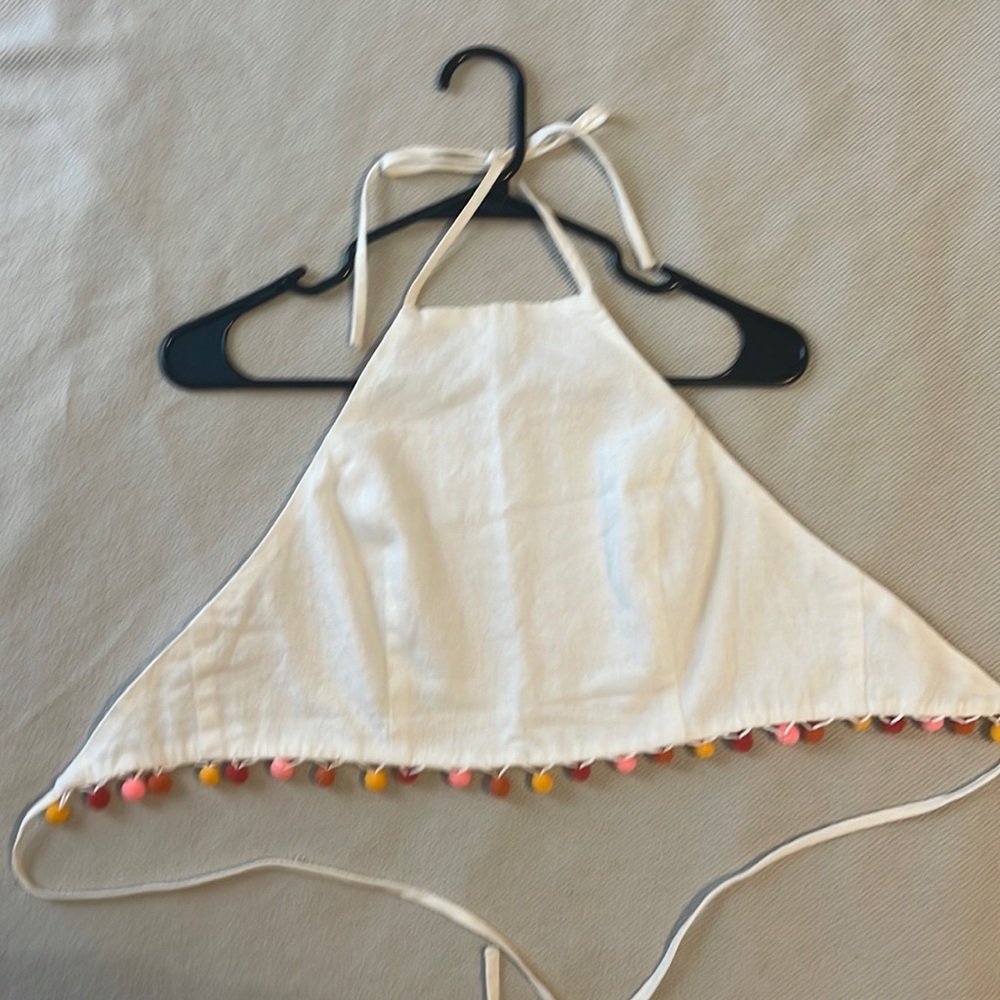White tie halter with pom pom trim